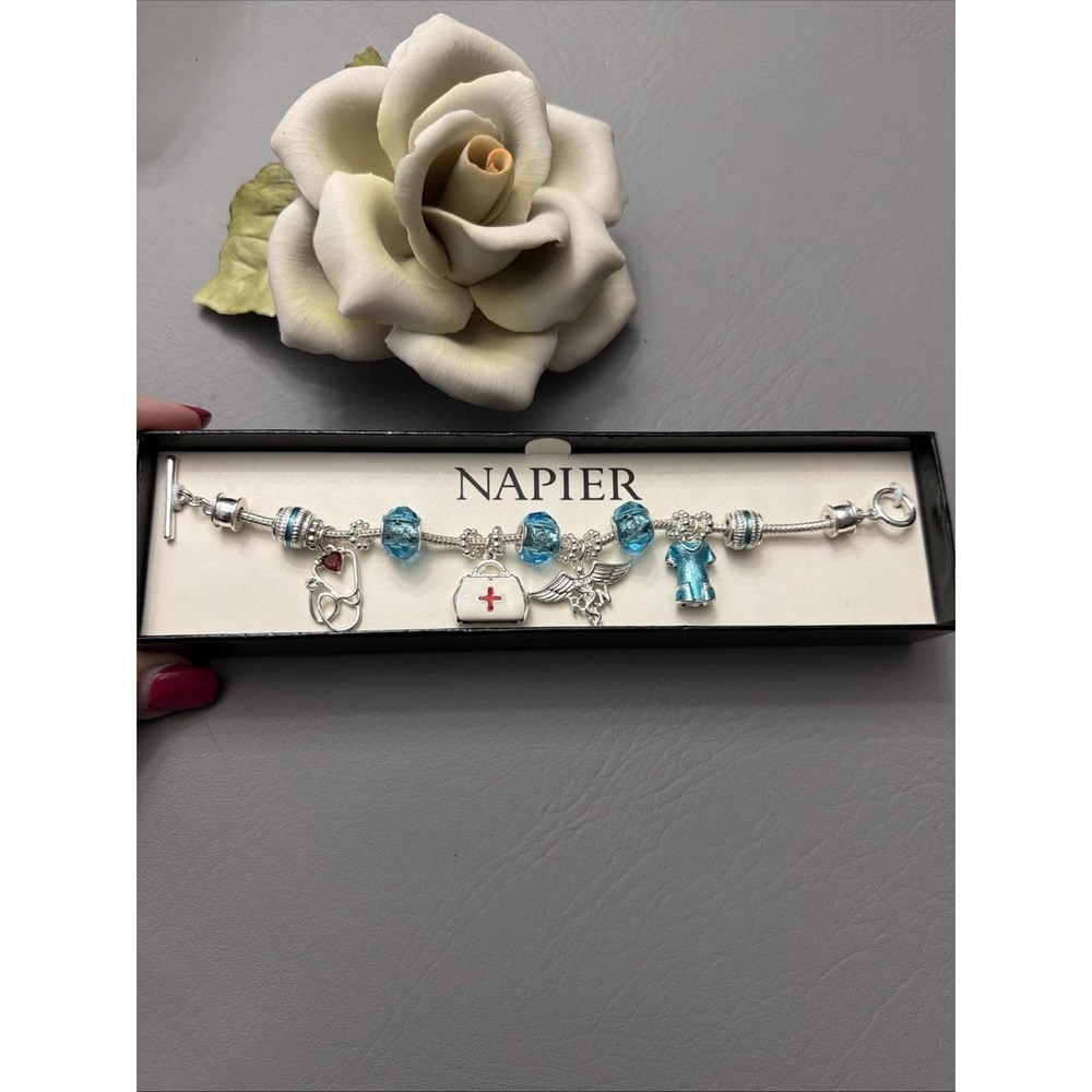 Napier Nurse RN Crystal Enamel Silver Tone Stethoscope Medical Charm Bracelet
